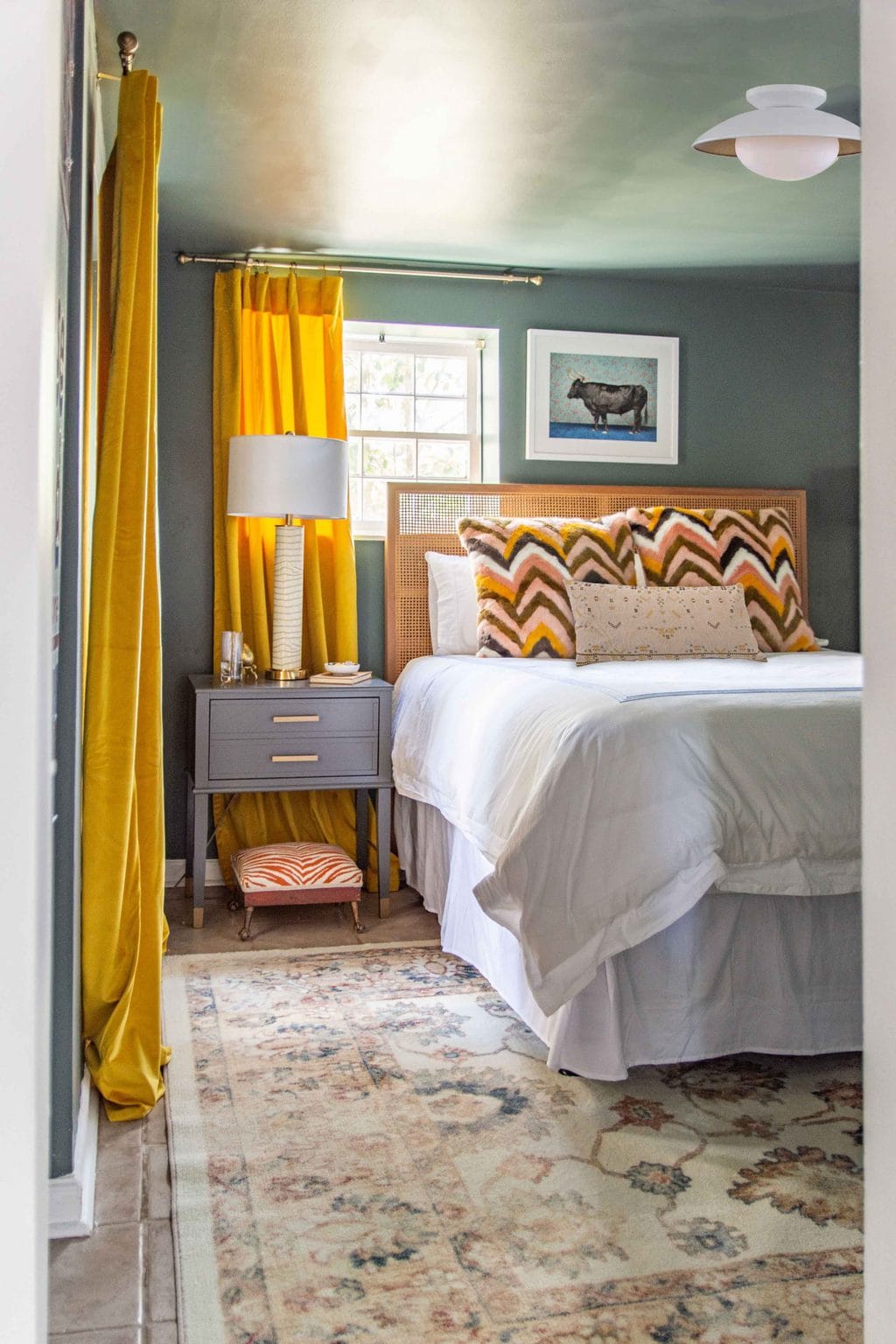 TERRACE DRIVE PROJECT: DARK GREEN BEDROOM REVEAL WITH ALLMODERN 6 Dark green bedroom with home decor from AllModern, colorful bedroom design, dark bedroom, dark green wall color, yellow curtains #bedroomdesign #bedroomdecor #bedroominspo #greenpaint #greenroom #darkgreen #colorfulbedroom #homedecorideas #homedesign #bedroomideas