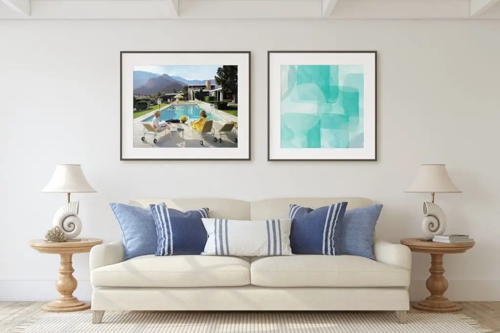 Living room with framed art prints.