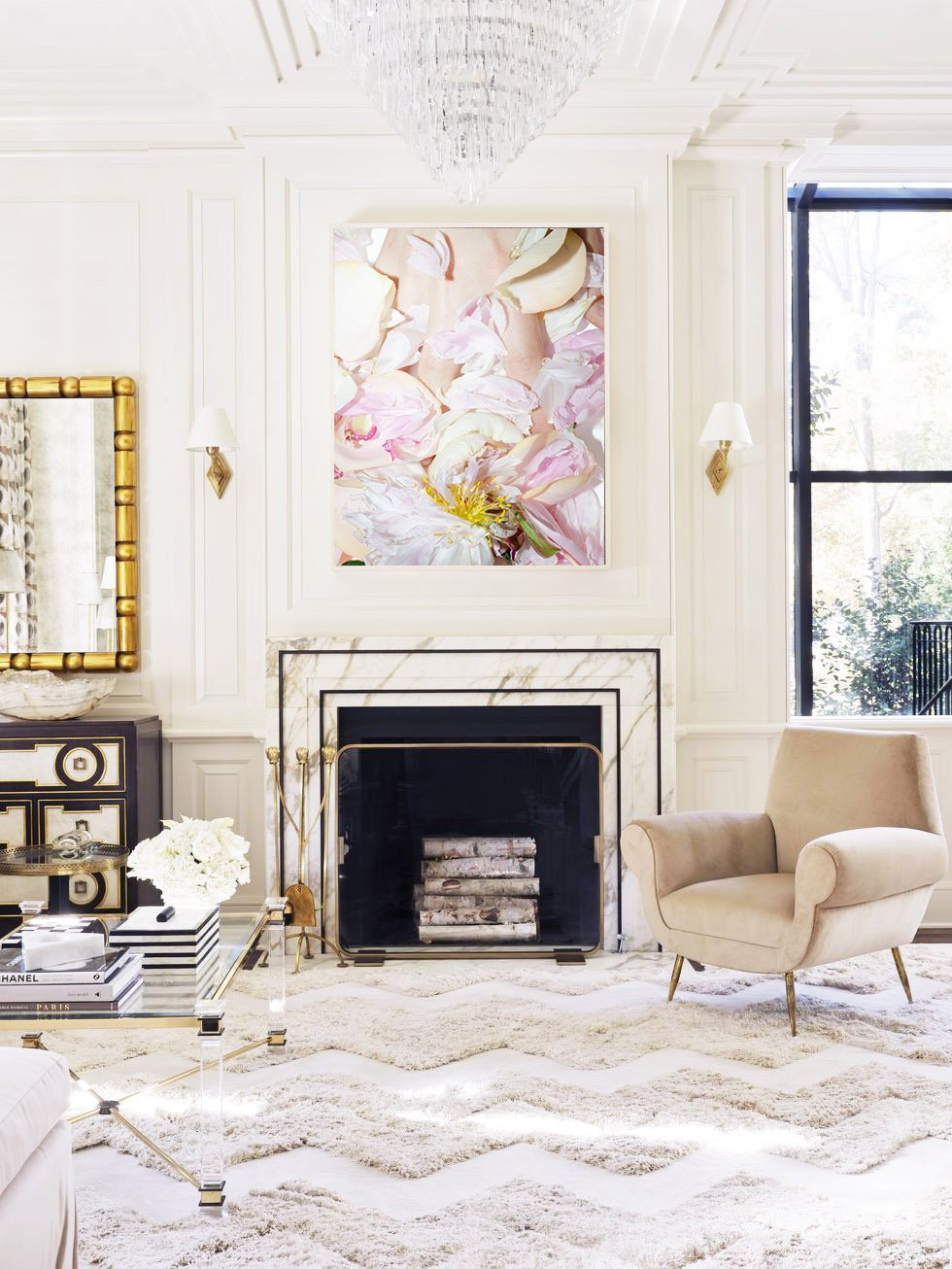 NEW FROM KEVIN FRANCIS DESIGN: ORIGINAL PHOTOGRAPHY PRINTS 6 Flower photography art print above marble fireplace in cream living room design by Melanie Turner on Thou Swell #livingroom #livingroomdesign #artprint #flowers
