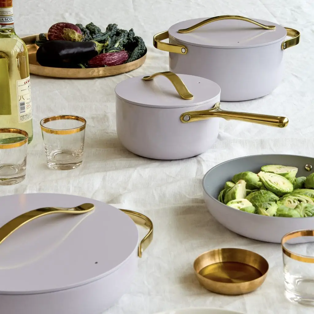 Caraway limited-edition full bloom pastel cookware with gold handles on Thou Swell #caraway #cookware #pastel #cooking #kitchen #kitchendesign