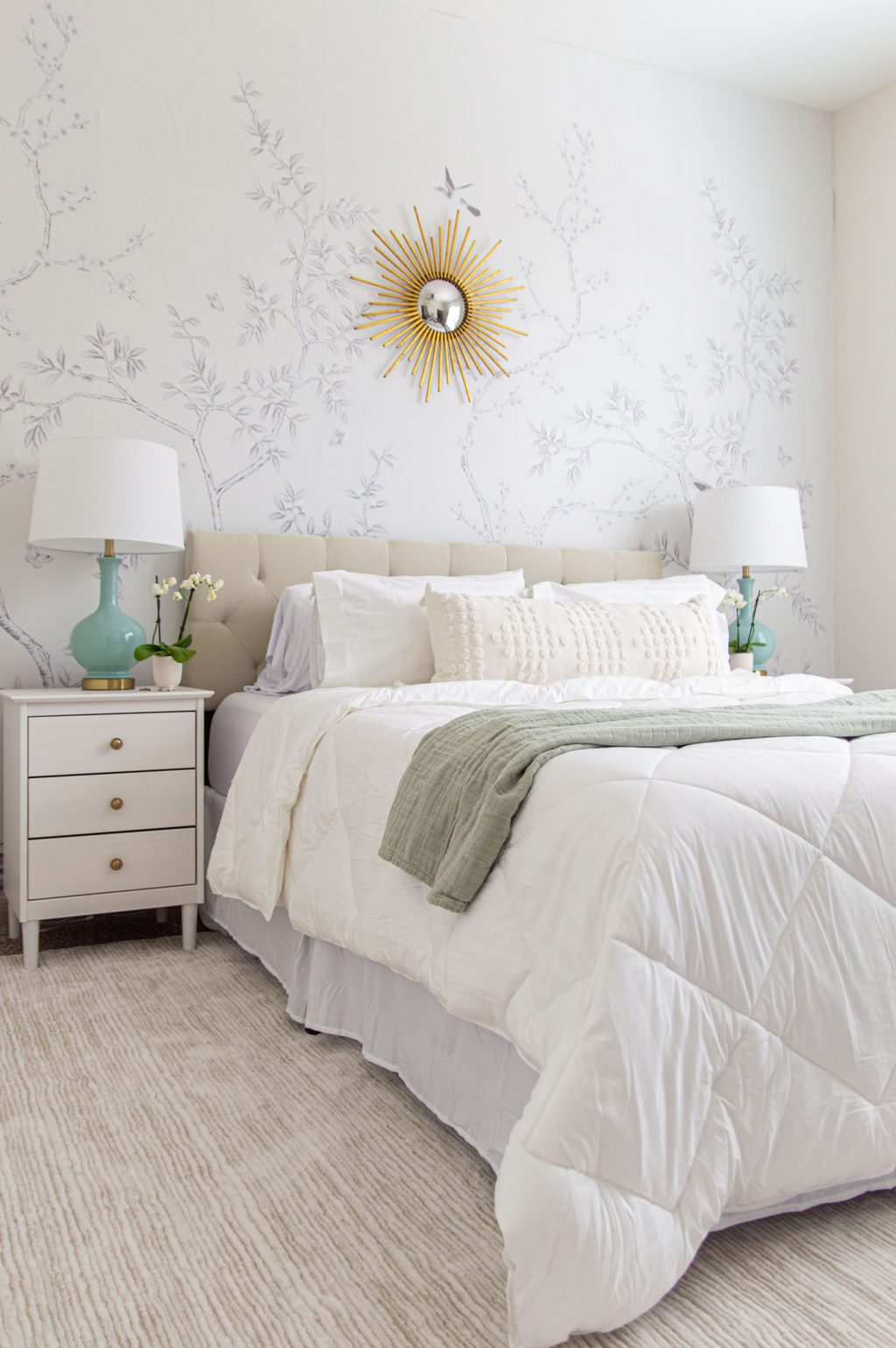 BEFORE & AFTER: GRACE'S COLLEGE BEDROOM DESIGN MAKEOVER 7 Grace's college bedroom design makeover, college decorating, temporary wallpaper, chinoiserie mural, white bedroom decor on Thou Swell #bedroom #bedroommakeover #bedroomdesign #bedroomdecor #collegebedroom #collegedecor #backtocollege