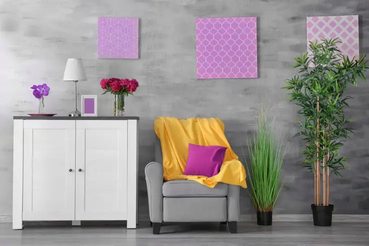 purple, gray, yellow combination in color theory interior design