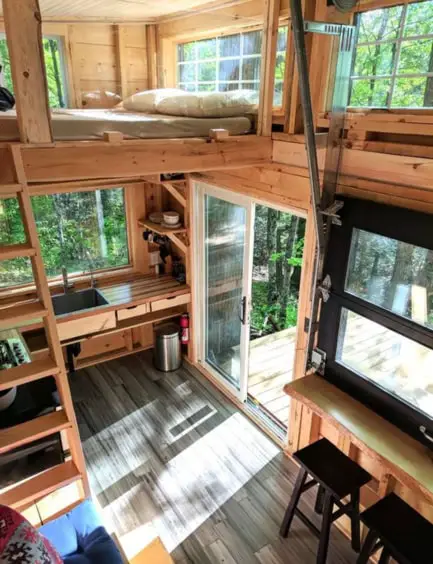 tiny cabin with a sliding door